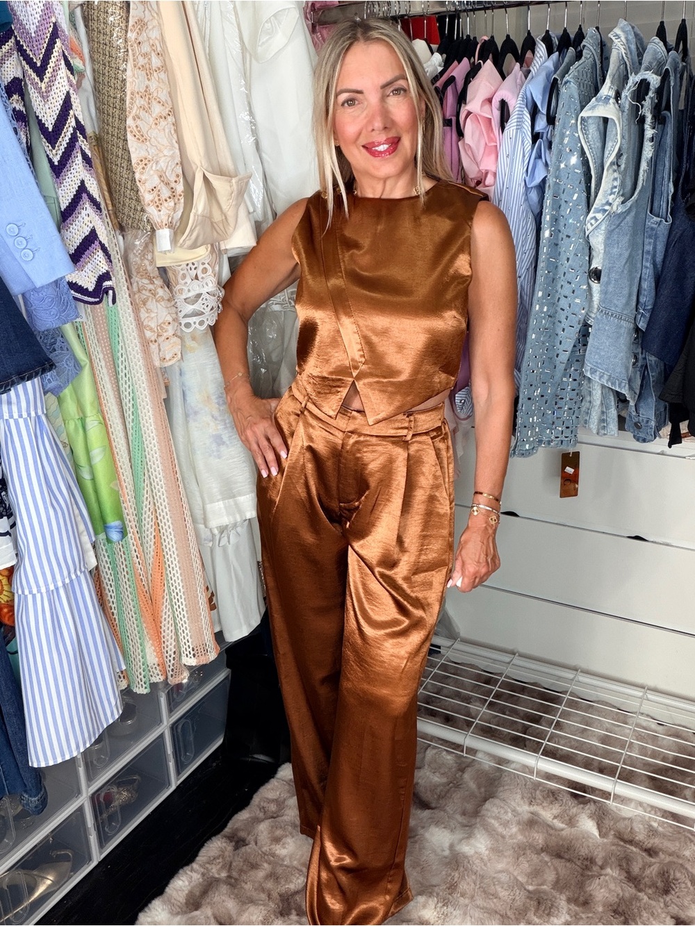 NWT- EDIT BY NINE- Satin Wide-Leg Set in Bronze- size SMALL